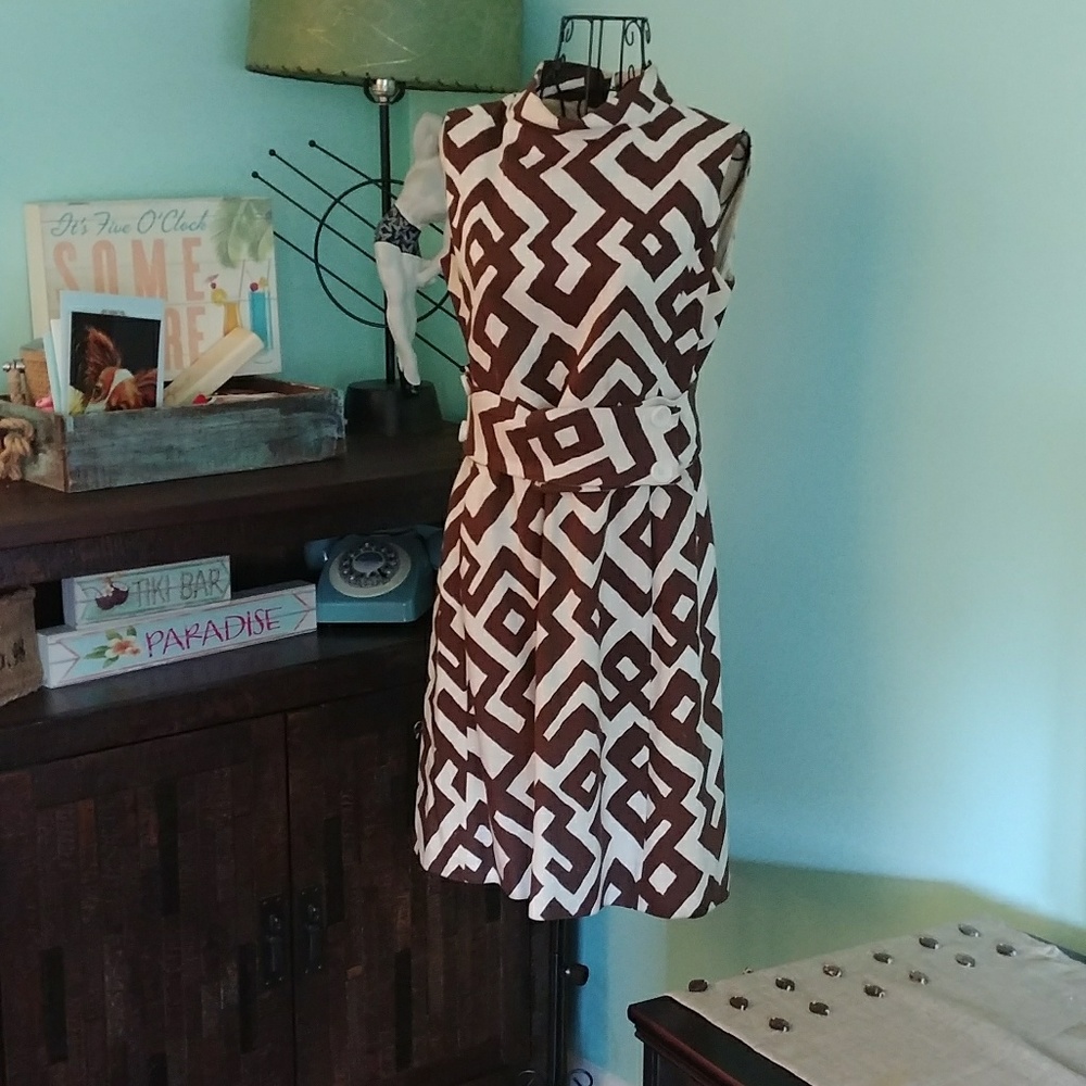 Vintage Cream & Brown Shift Dress Small/Medium